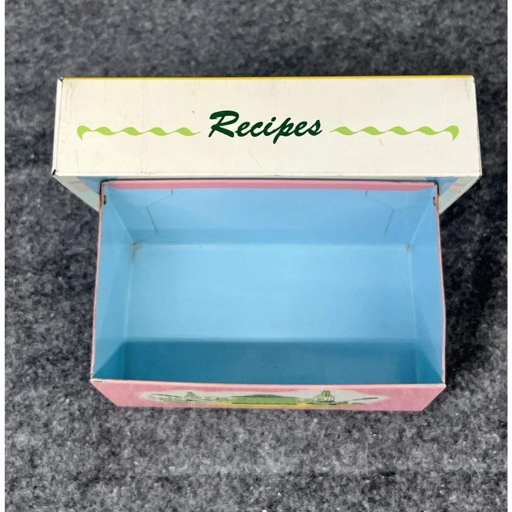 Vintage 1950s Ohio Art Metal Recipe Box Tin Litho Pink Yellow Retro Mid Century